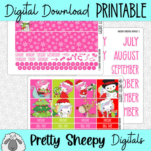 Unicorn Christmas Printable Planner Stickers PNG Digital Download Monthly Kit