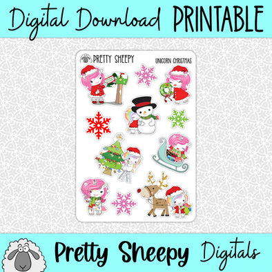 Unicorn Christmas Printable Stickers PNG Digital Download