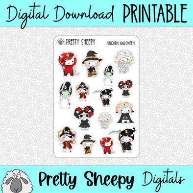 Unicorn Halloween Printable Stickers PNG Digital Download