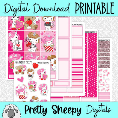 Unicorn Valentine Printable Planner Stickers PNG Digital Download Weekly Vertical Kit