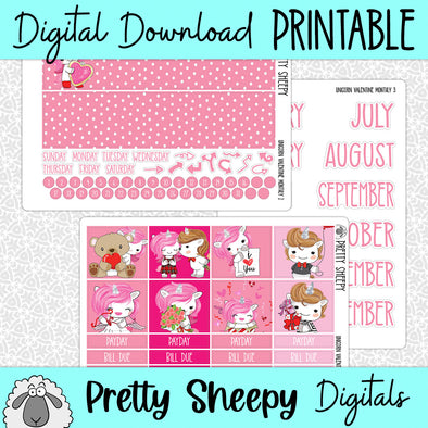 Unicorn Valentine Printable Planner Stickers PNG Digital Download Monthly Kit