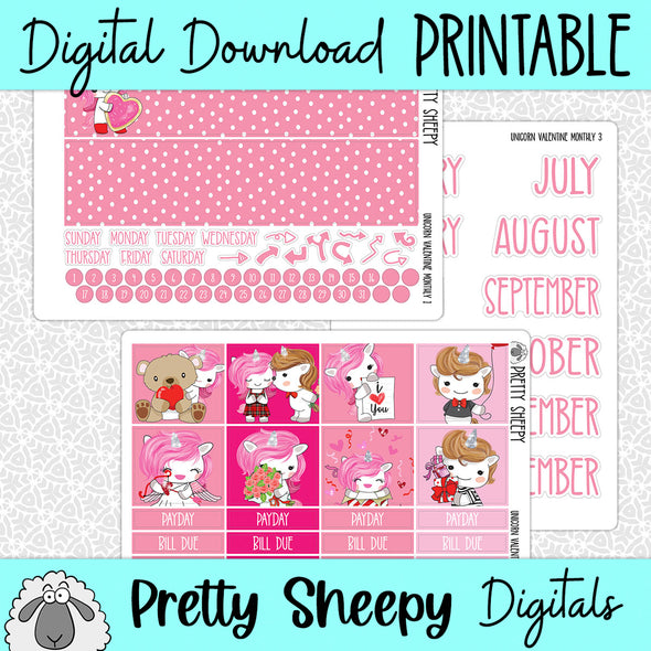 Unicorn Valentine Printable Planner Stickers PNG Digital Download Monthly Kit