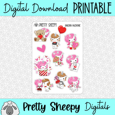 Unicorn Valentine Printable Stickers PNG Digital Download