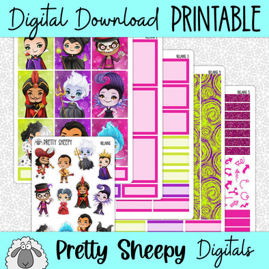 Villains Printable Planner Stickers PNG Digital Download Weekly Vertical Kit