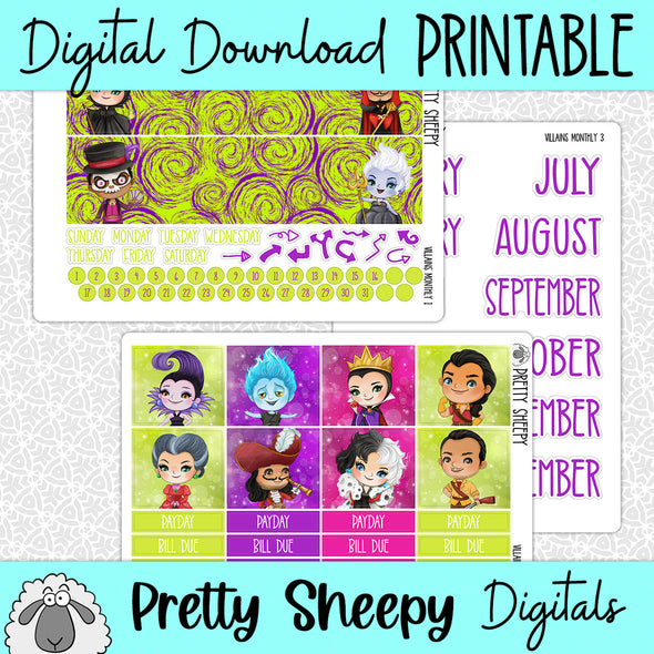 Villains Printable Planner Stickers PNG Digital Download Monthly Kit