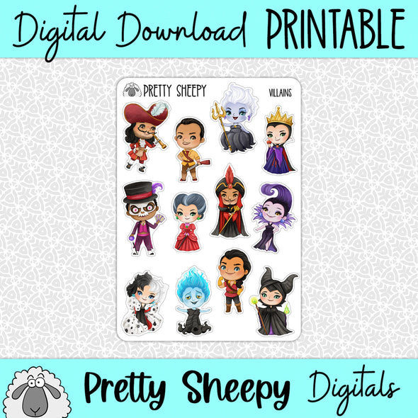 Villains Printable Stickers PNG Digital Download
