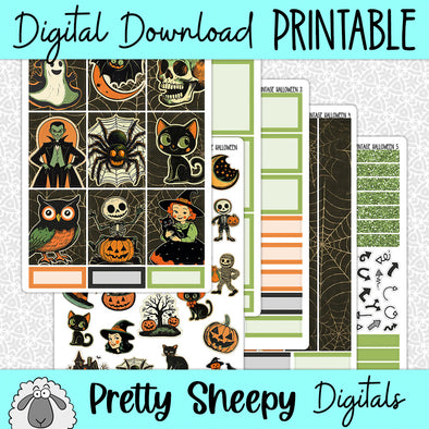 Vintage Halloween Printable Planner Stickers PNG Digital Download Weekly Vertical Kit