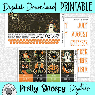 Vintage Halloween Printable Planner Stickers PNG Digital Download Monthly Kit