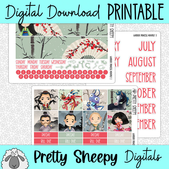 Warrior Princess Printable Planner Stickers PNG Digital Download Monthly Kit