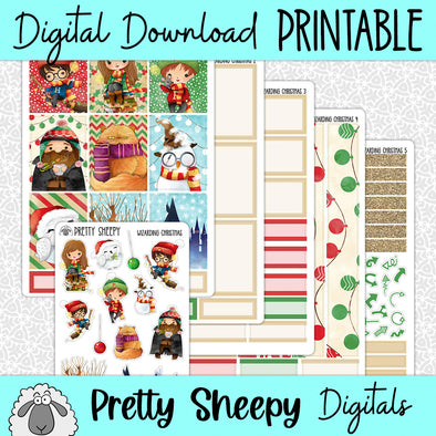 Wizarding Christmas Printable Planner Stickers PNG Digital Download Weekly Vertical Kit
