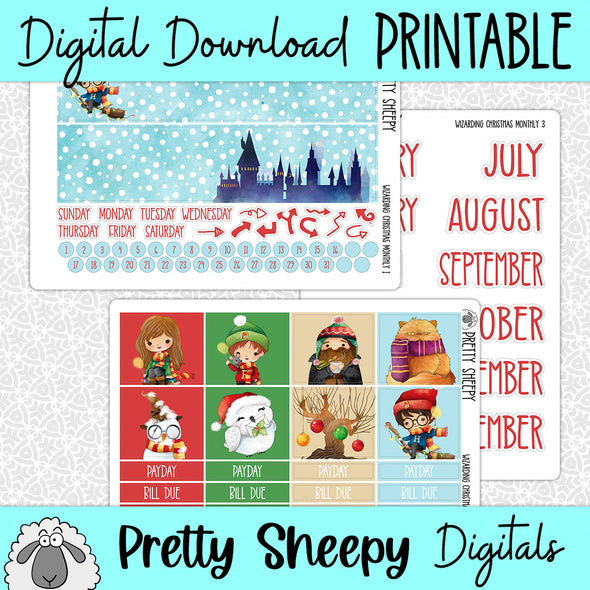 Wizarding Christmas Printable Planner Stickers PNG Digital Download Monthly Kit
