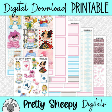 Wonderland Printable Planner Stickers PNG Digital Download Weekly Vertical Kit