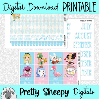 Wonderland Printable Planner Stickers PNG Digital Download Monthly Kit