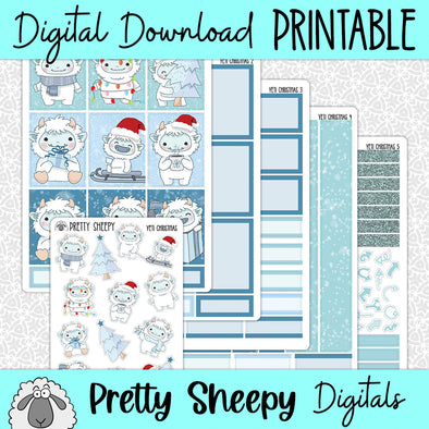 Yeti Christmas Printable Planner Stickers PNG Digital Download Weekly Vertical Kit