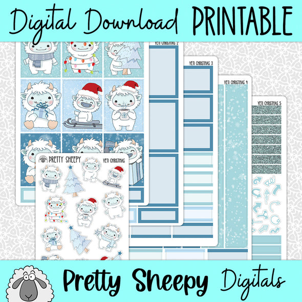 Yeti Christmas Printable Planner Stickers PNG Digital Download Weekly Vertical Kit
