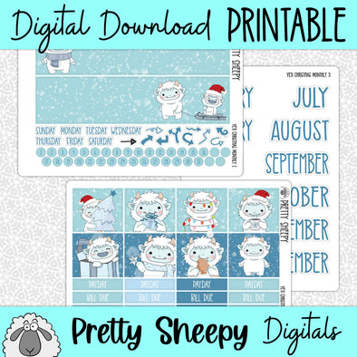 Yeti Christmas Printable Planner Stickers PNG Digital Download Monthly Kit
