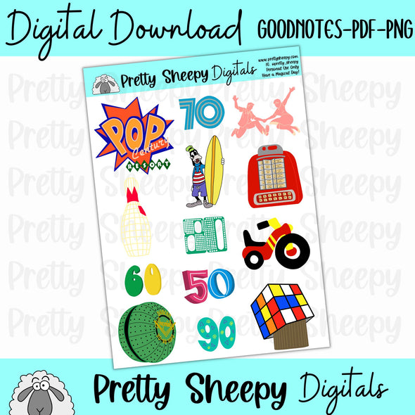 Pop Century Digital Stickers | Goodnotes PDF PNG for Digital Planning or Printing